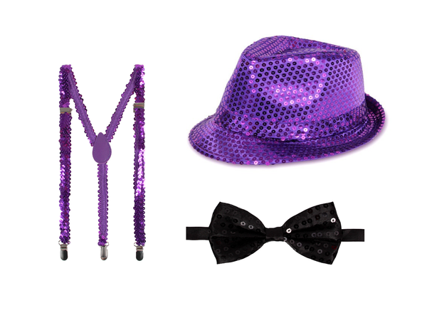 Alsino 70er Jahre Disco Outfit Set Kv-280 Lila Pailletten Trilby-Hut, Schwarze Fliege & Glitzernde Hosenträger