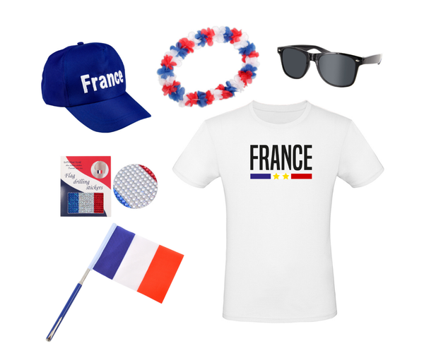 Fanpaket Frankreich T-Shirt Brille Hawaiikette Kappe Sticker Ausziehbare Flagge