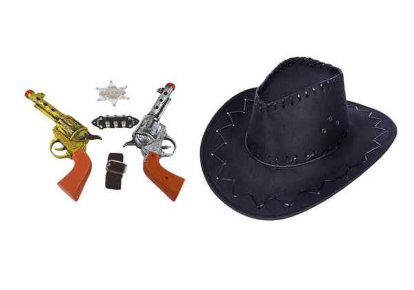 Cowboyhut schwarz Set KV-272 mit Revolver in gold und silber - Karneval Fasching Mottoparty Outfit Sheriff-Stern Munition und Gürtel