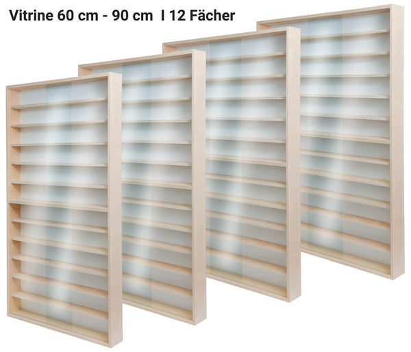 V90.12A Vitrine Sammlervitrine Wandvitrine Hängevitrine Modelleisenbahn mit Spur HO & N und Plexiglas, Regal 60-90 cm Fächer 12