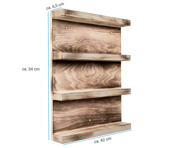 Gewürzregal Holz Geflammt Vintage - 3 Regalböden  - für die Wand o. stehend - ca. 54 x 6,5 x 42 cm, Holzregal aus deutscher Holzmanufaktur | Küchenregal Hochformat