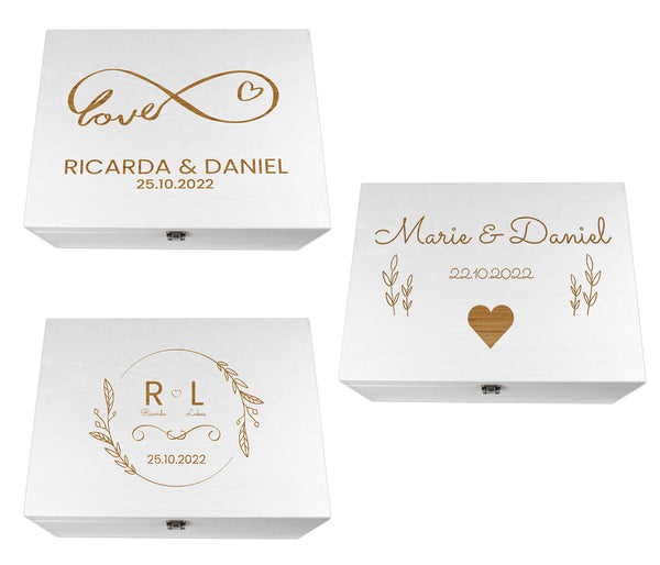 Holzkiste Hochzeit weiß personalisiert mit Deckel für die Hochzeit Holzbox Geschenk - Natur Aufbewahrungskiste Erinnerungsbox & Geschenkkiste