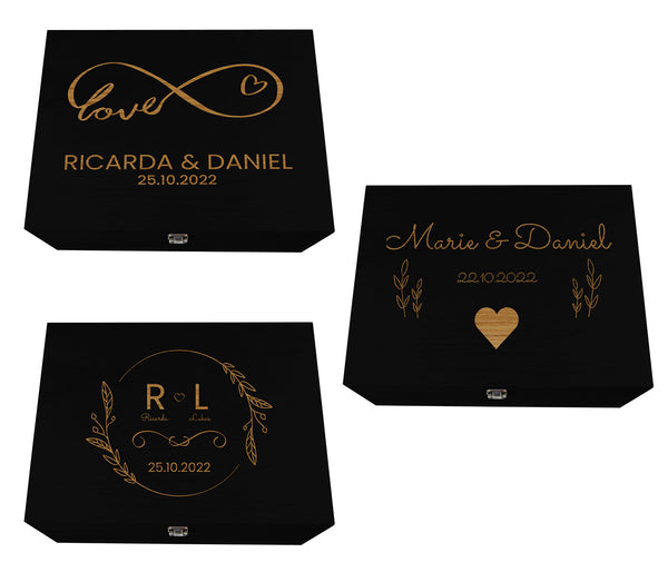 Holzkiste Hochzeit schwarz personalisiert mit Deckel für die Hochzeit Holzbox Geschenk - Natur Aufbewahrungskiste Erinnerungsbox & Geschenkkiste