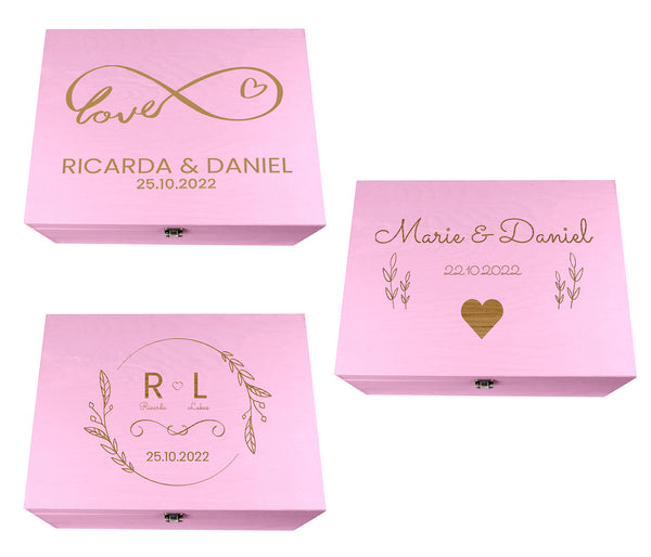 Holzkiste Hochzeit pink personalisiert mit Deckel für die Hochzeit Holzbox Geschenk - Natur Aufbewahrungskiste Erinnerungsbox & Geschenkkiste
