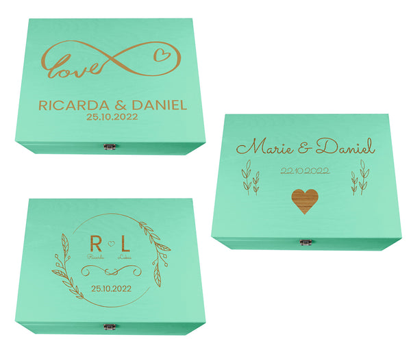 Holzkiste Hochzeit mint personalisiert mit Deckel für die Hochzeit Holzbox Geschenk - Natur Aufbewahrungskiste Erinnerungsbox & Geschenkkiste