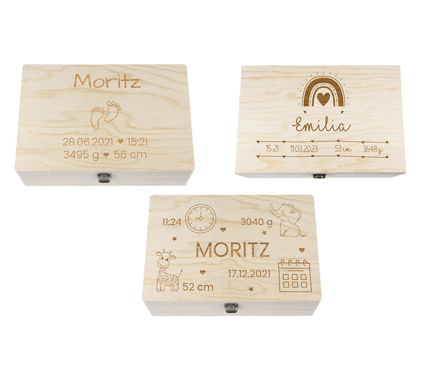Alsino Geburtsbox personalisiert Erinnerungsbox Geschenk zur Geburt - Mit Datum, Uhrzeit, Gewicht und Größe Gravur