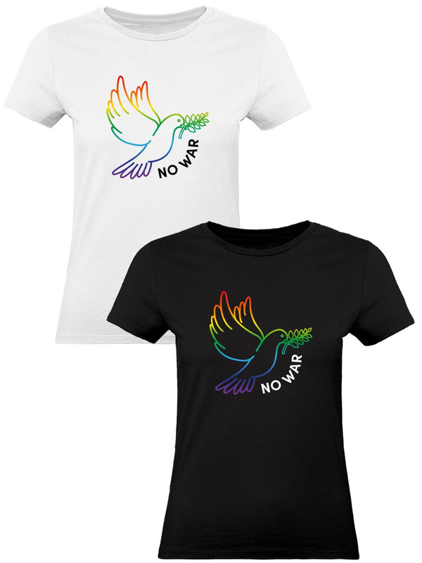 Gegen Krieg "No War" T-Shirt - Friedenstaube, Regenbogen - für Damen