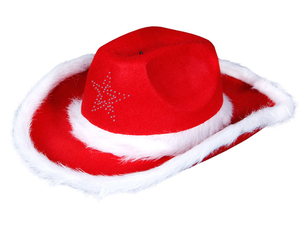 Weihnachts Cowboyhut rot mit Pelzrand + Blinkstern 54