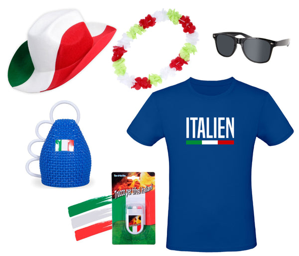 Fanpaket Italien T-Shirt Brille Schminkstift Caxirola Hawaiikette Cowboyhut