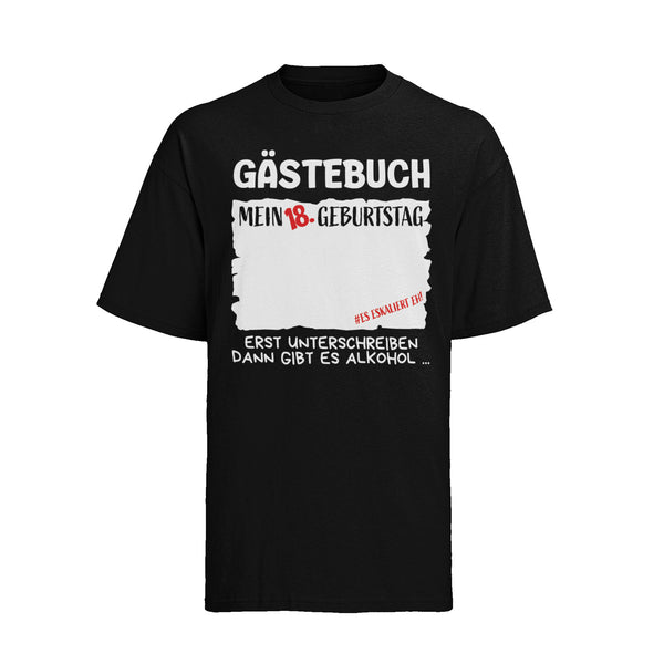 Alsino Gästebuch T-Shirt 18 Geburtstag, Gästeliste Shirt - Junge Mädchen TShirt, Es eskaliert eh