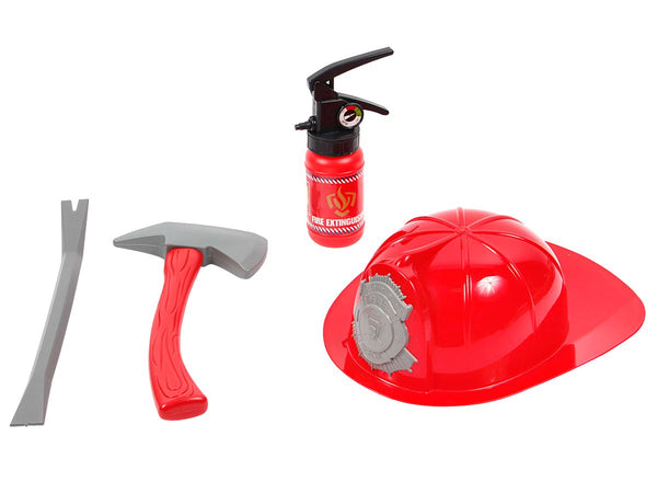 Kinder Feuerwehrmann Set 4-teilig mit Helm – Spielzeug Feuerwehr Set mit Axt, Feuerlöscher & Brechstange – Verkleidung für Kinder – Rollenspiel Zubehör für Karneval, Fasching & Geburtstag