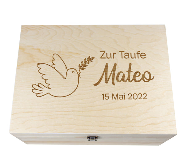 Holzkiste mit Deckel für die Taufe - personalisiert Natur Aufbewahrungskiste Erinnerungsbox & Geschenkkiste