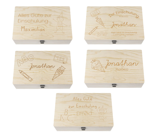 Holzkiste mit Deckel für die Einschulung - personalisiert Natur Aufbewahrungskiste Erinnerungsbox & Geschenkkiste