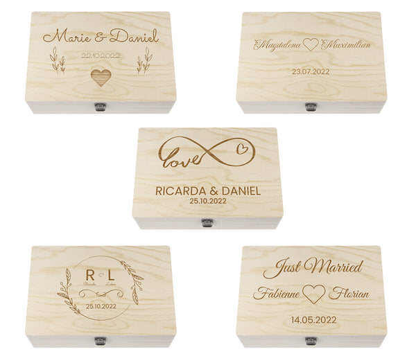 Holzkiste mit Deckel für die Hochzeit - personalisiert Natur Aufbewahrungskiste Erinnerungsbox & Geschenkkiste