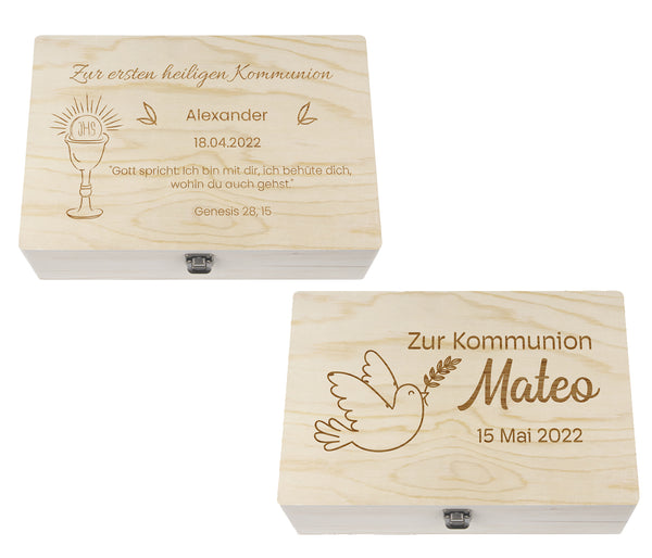 Holzkiste mit Deckel für die Kommunion - personalisiert Natur Aufbewahrungskiste Erinnerungsbox & Geschenkkiste
