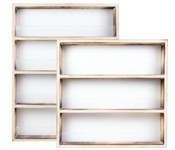 Gewürzregal Holz Geflammt Vintage - 3 oder 4 Regalböden inkl. Acrylglasscheiben - für die Wand o. stehend Holzregal aus deutscher Holzmanufaktur | Küchenregal Hochformat