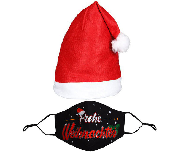 Stoffmaske waschbar und verstellbar mit Weihnachtsmütze Onesize Nikolausmütze und Maske - Set für Herren und Damen